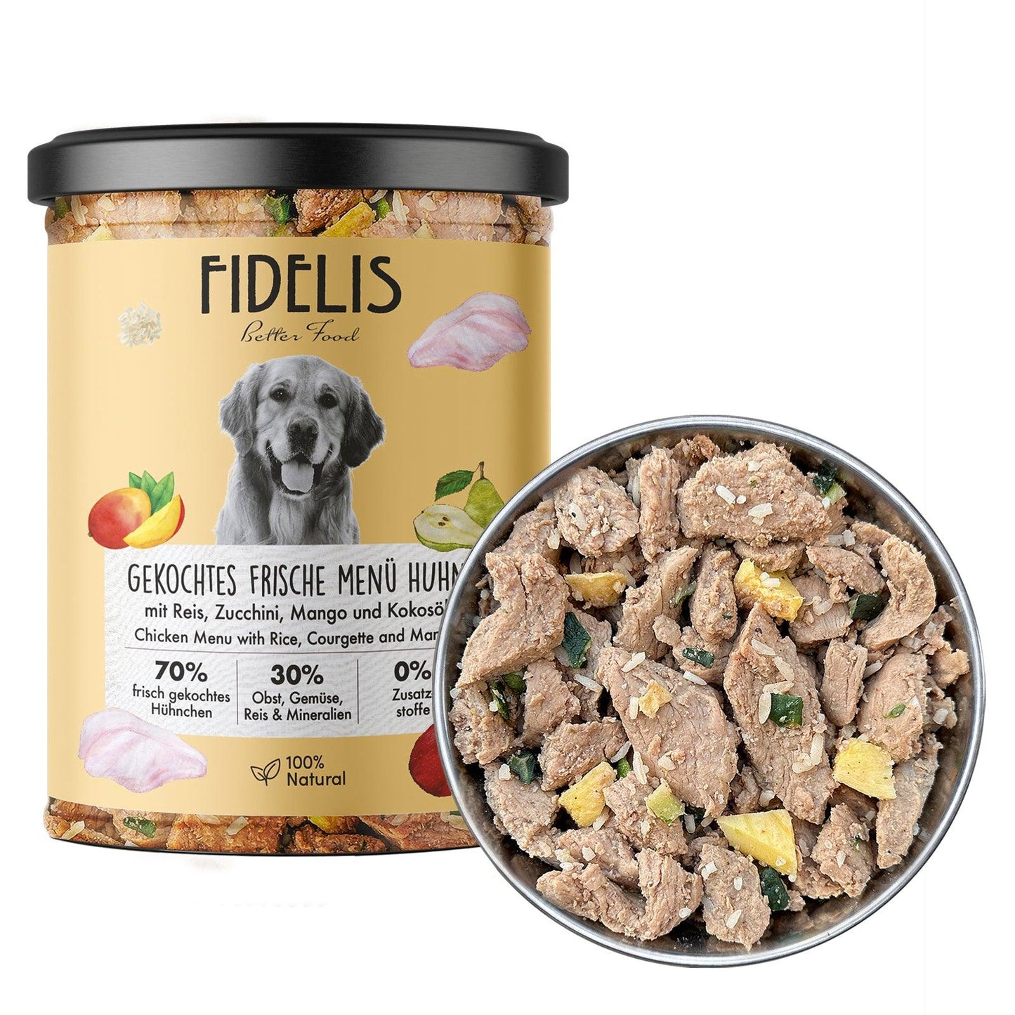Fidelis Hrană umedă naturală cu pui, zucchini și mango
Ingrediente proaspete, gătite lent. Fără aditivi sau cereale – doar gust și echilibru nutrițional pentru câinele tău.