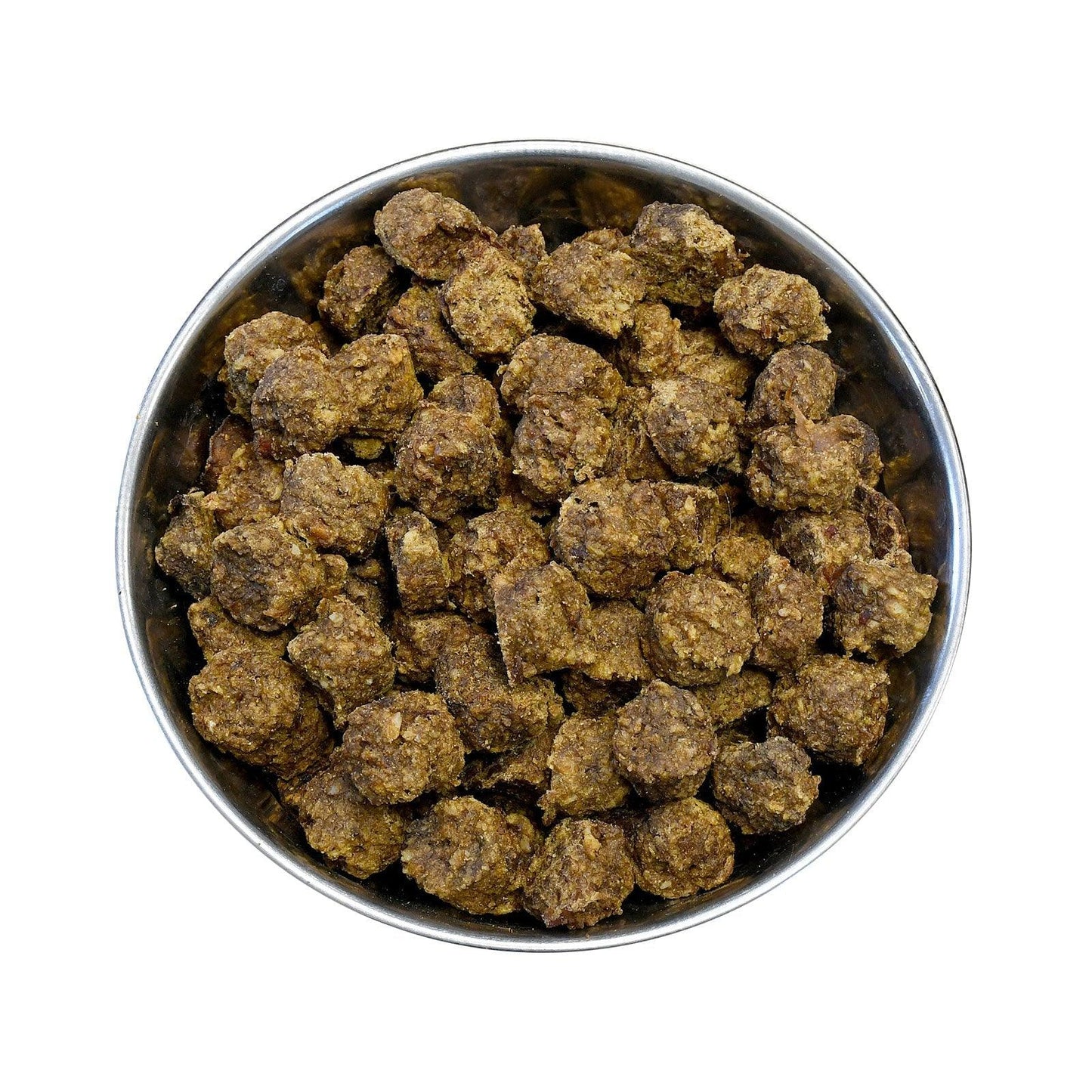 Hrană superpremium pentru câini cu miel, văzută de sus într-un bol – compoziție naturală bogată în proteine și nutrienți