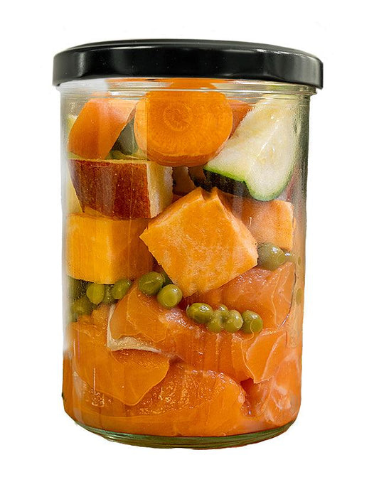 Fidelis Fresh Menu: salmon, sweet potato, peas and zucchini