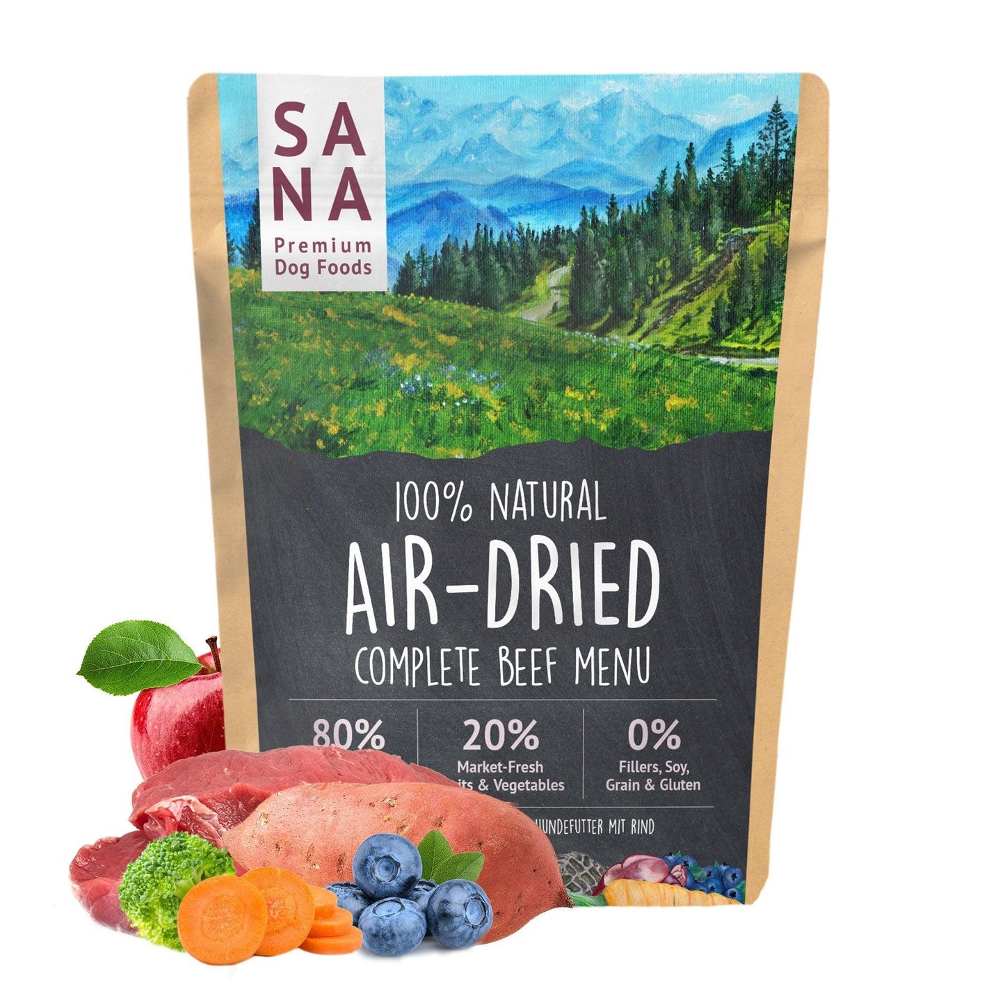 Sac cu hrană naturală uscată SANA – meniu complet cu vită, legume și fructe, gătit blând pentru câini