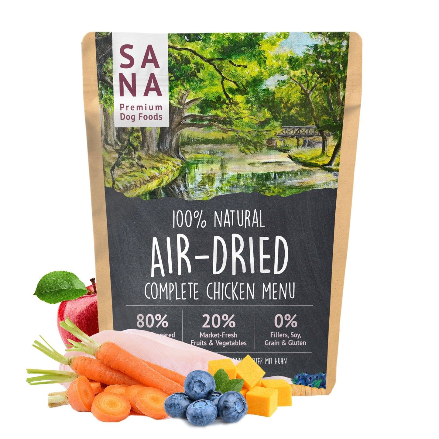 Sac cu hrană naturală uscată SANA – meniu complet cu pui, legume și fructe, gătit blând pentru câini