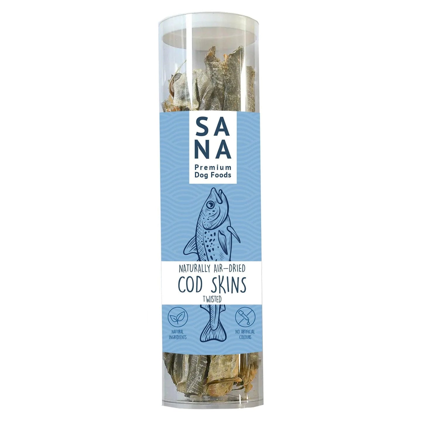 Borcan cu rulouri din piele de cod SANA – gustare naturală pentru câini, bogată în Omega-3