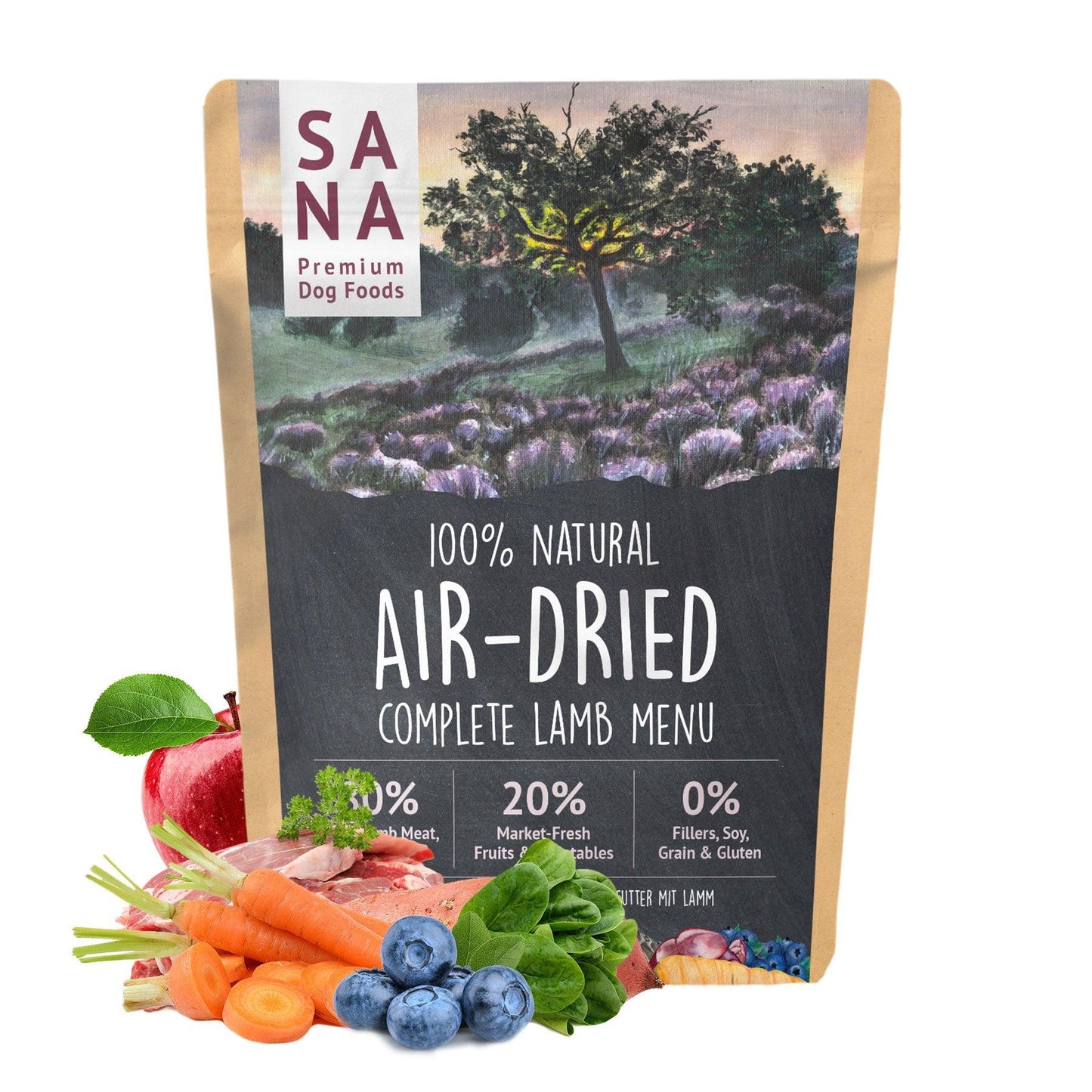 Sac cu hrană naturală uscată SANA – meniu complet cu miel, legume și fructe, gătit blând pentru câini