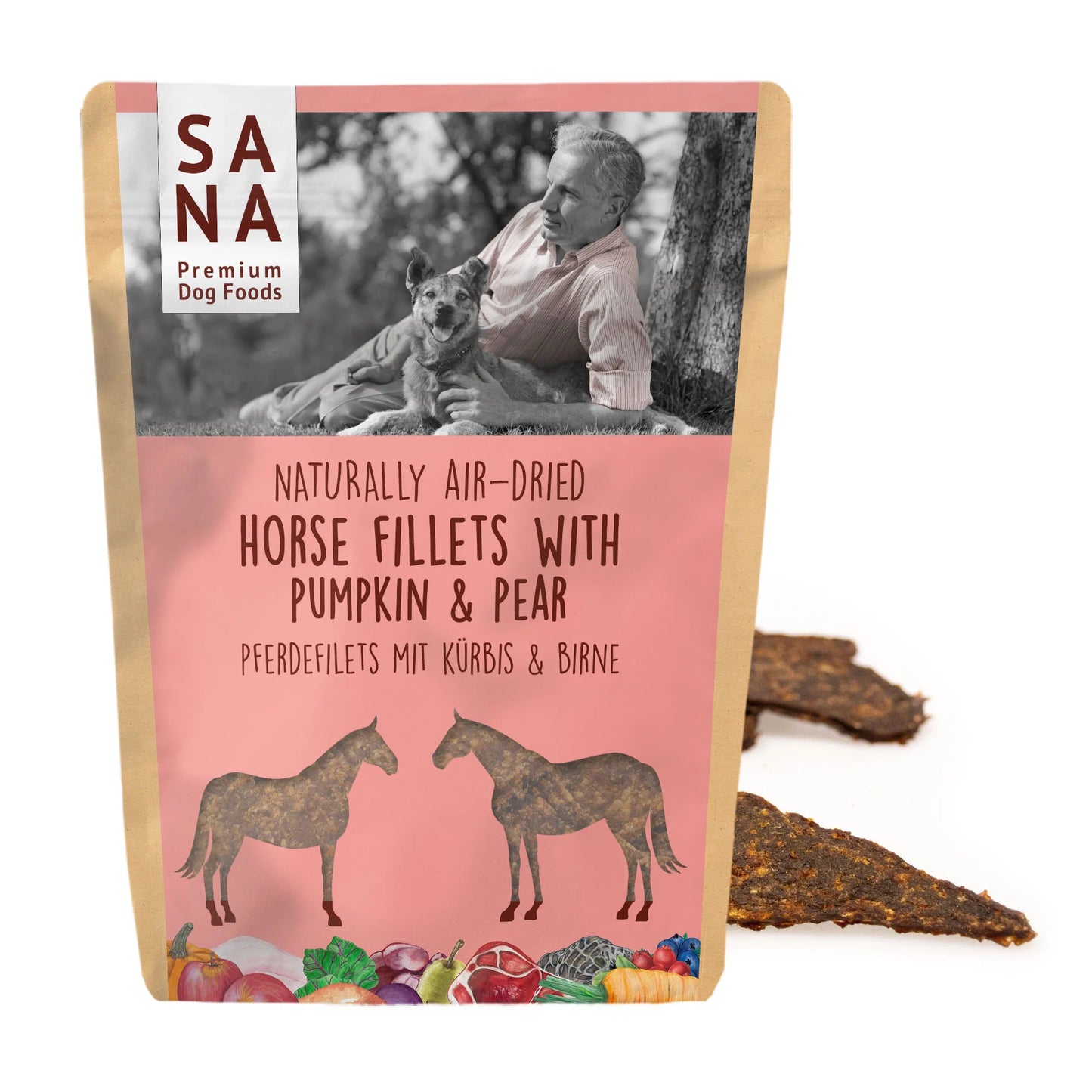 Fileuri SANADOG cu carne de cal, dovleac și pară – gustare semimoale, fără cereale, bogată în nutrienți și superalimente