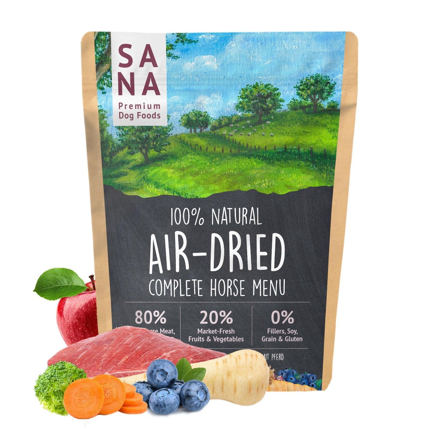 Sac cu hrană naturală uscată SANADOG – meniu complet cu cal, legume și fructe, gătit blând pentru câini