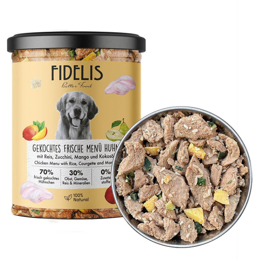 Fidelis Hrană umedă naturală cu pui, zucchini și mango
Ingrediente proaspete, gătite lent. Fără aditivi sau cereale – doar gust și echilibru nutrițional pentru câinele tău.
