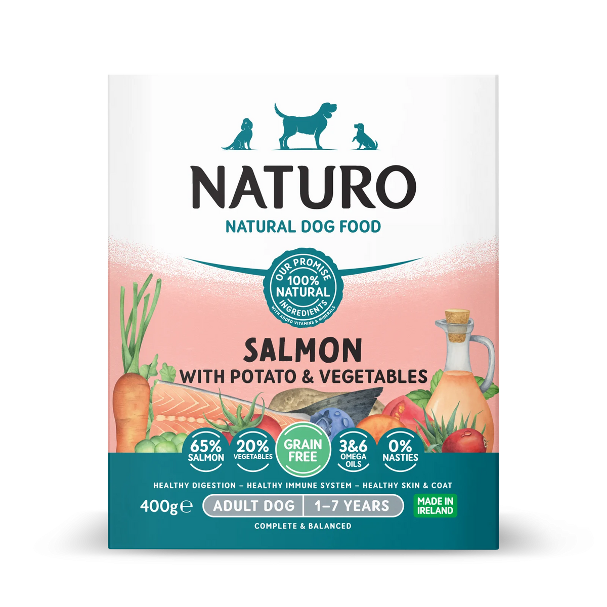 Naturo Caserola Grain Free cu Somon, Cartofi si Legume 400g