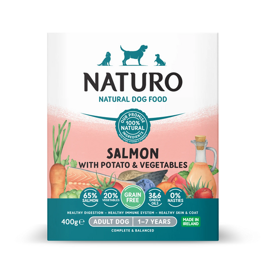 Naturo Caserola Grain Free cu Somon, Cartofi si Legume 400g