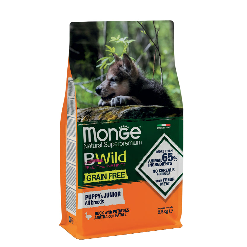 MONGE B-WILD GRAIN FREE PUPPY&JUNIOR RAȚĂ ȘI CARTOFI