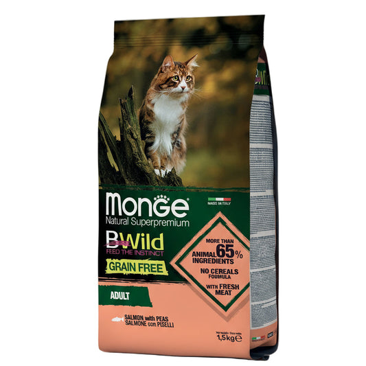 MONGE B-WILD PISICI ADULTE SOMON ȘI MAZĂRE