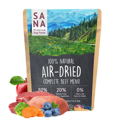 Sac cu hrană naturală uscată SANA – meniu complet cu vită, legume și fructe, gătit blând pentru câini
