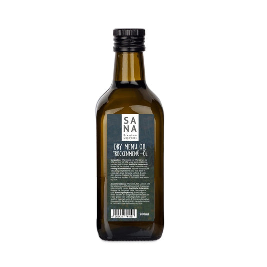 Sticlă cu ulei complementar SANADOG – mix natural de uleiuri pentru câini, ideal pentru meniuri uscate