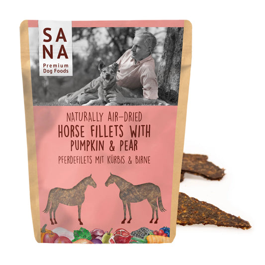 Fileuri SANADOG cu carne de cal, dovleac și pară – gustare semimoale, fără cereale, bogată în nutrienți și superalimente
