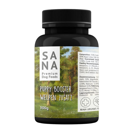 Borcan cu supliment SANADOG Puppy Booster – formulă naturală pentru căței în creștere