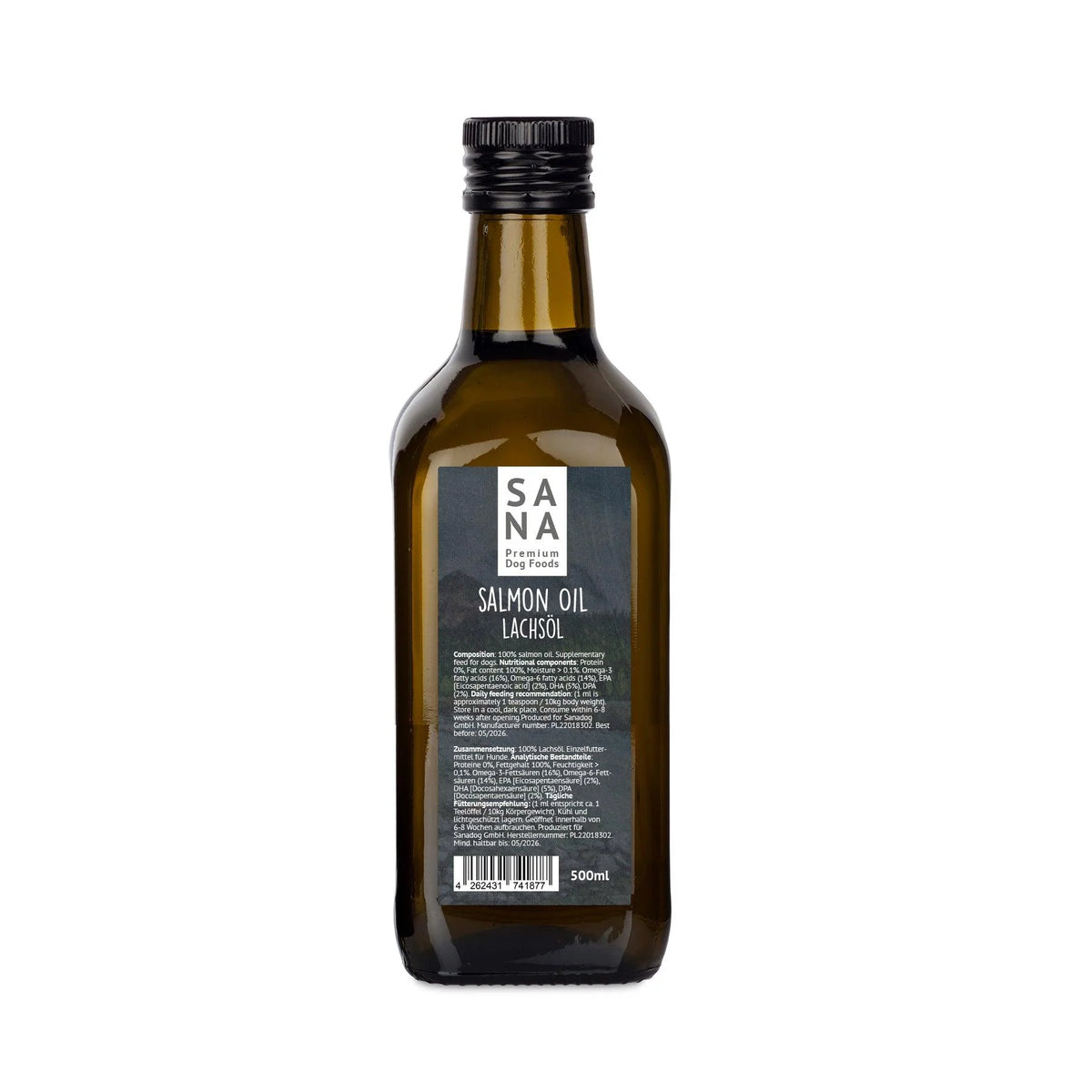 Sticlă cu ulei de somon SANADOG – supliment natural pentru câini, bogat în Omega-3